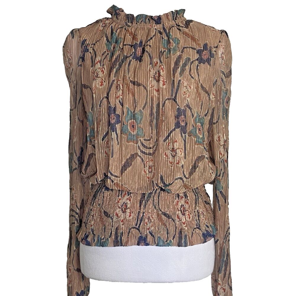 JOIE Blouse Fairy Cottage Metallic Gold Floral Pleated Smocked Evening Size L